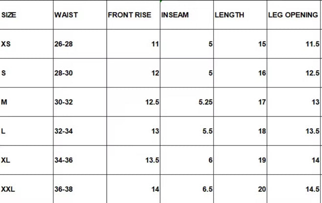 Table displaying clothing size chart with measurements for waist, front rise, inseam, length, and leg opening.